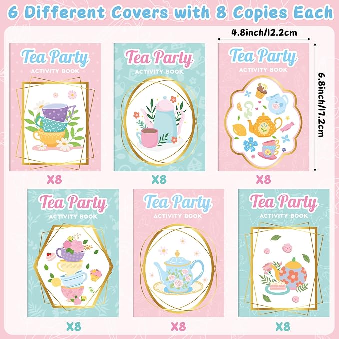 Tea Party Activity Books for Kids - 48Pcs Tea Time Themed Mini Game Coloring Booklet Bulk Maze Word Scramble Word Search Coloring Books for Birthday DIY Party Favor Goodies Bag Filler Classroom Reward