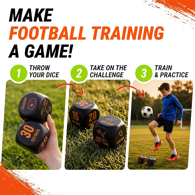 Soccer Dice Set of 4, 2X Juggle & 2X Goal Dice, Soccer Gifts for Boys 8-12, Football Gifts for Girls, Training Equipment/Football Game/Practice Toy (English)