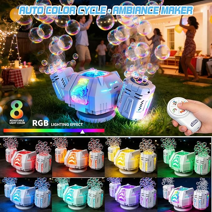 Dolanus Bubble Machine - Rechargeable, RGB, Rotation & Remote Control - Bubbles for Kids Toddlers 1-3 - Outdoor Outside Backyard Summer Toys for Ages 2 3 4 5 Year Old- Birthday Party Wedding Gifts