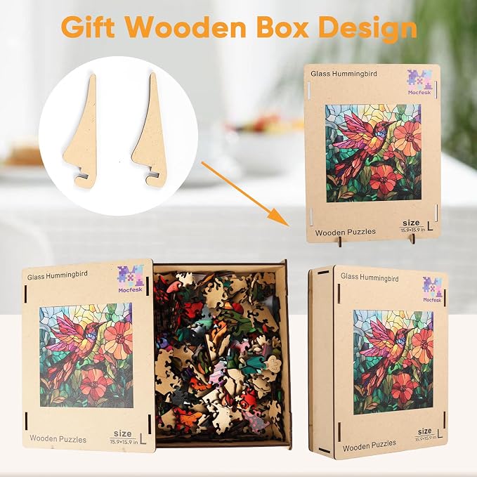 Mocfesk Wooden Puzzles for Adults, 499 Pieces Stained Glass Hummingbird Jigsaw Puzzles, Mosaic Bird Flower Puzzle for Senior, Challenging Family Toy Home Decor 15.9 x 15.9 in