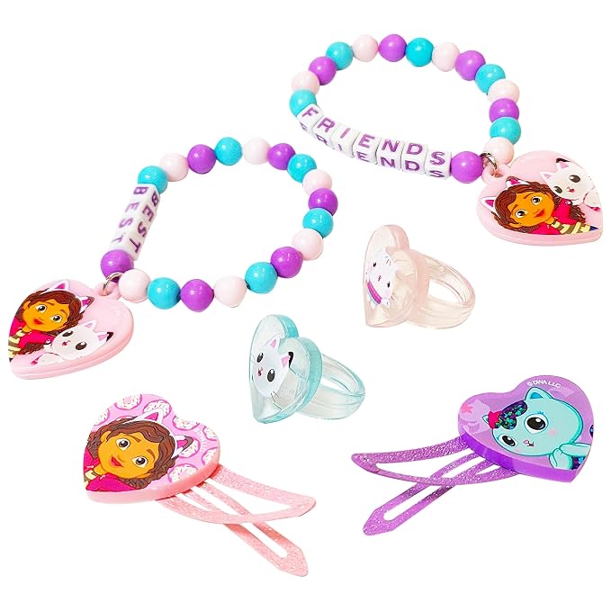LUV HER Gabby's Dollhouse Girls BFF 6 Piece Toy Jewelry Box Set with 2 Rings, 2 Bead Bracelets and Snap Hair Clips Ages 3+