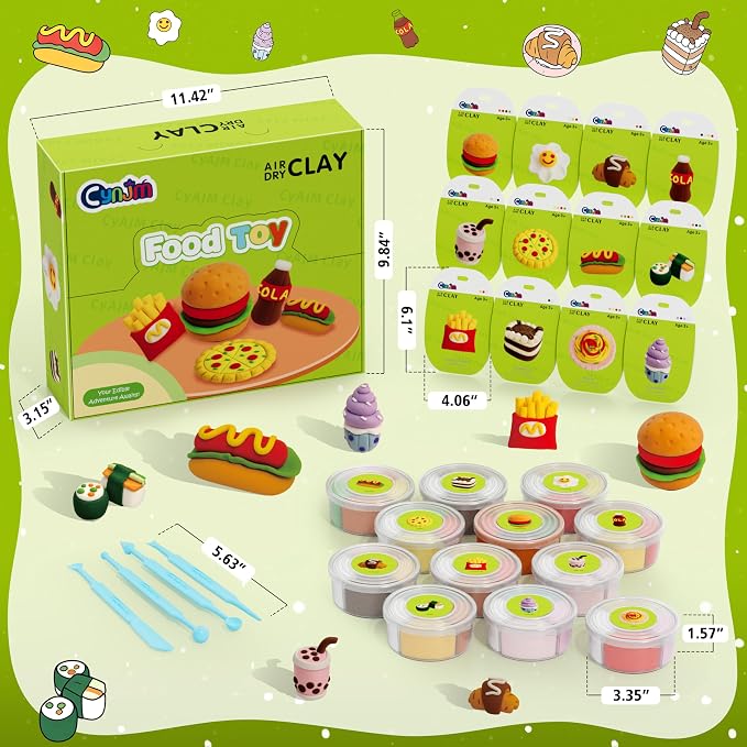 CyaJm Air Dry Clay Food Toy Kit - 12 Fast Food Themed Individual Clay Packs, Non-Toxic Ultra-Light Air Drying Modeling Clay with Tools & Guide, DIY Craft Gift for Kids Boys Girls Ages 3+