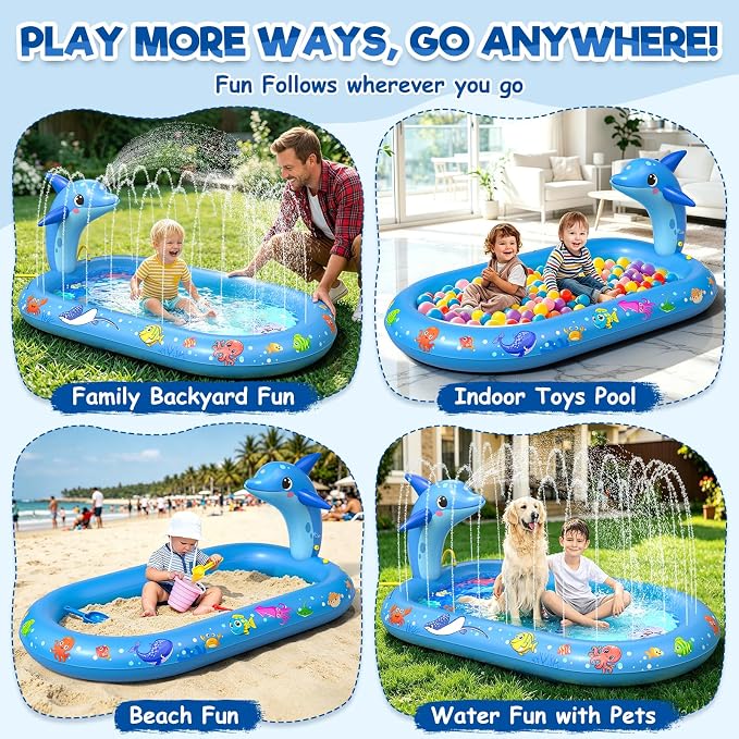 Splash Pad for Toddlers, 3-in-1 Dolphin Inflatable Baby Pool Sprinkler for Kids, Baby Splash Pads Outdoor Play Mat, Backyard Summer Water Toys Birthday Gift for 1+ Year Old Girls Boys