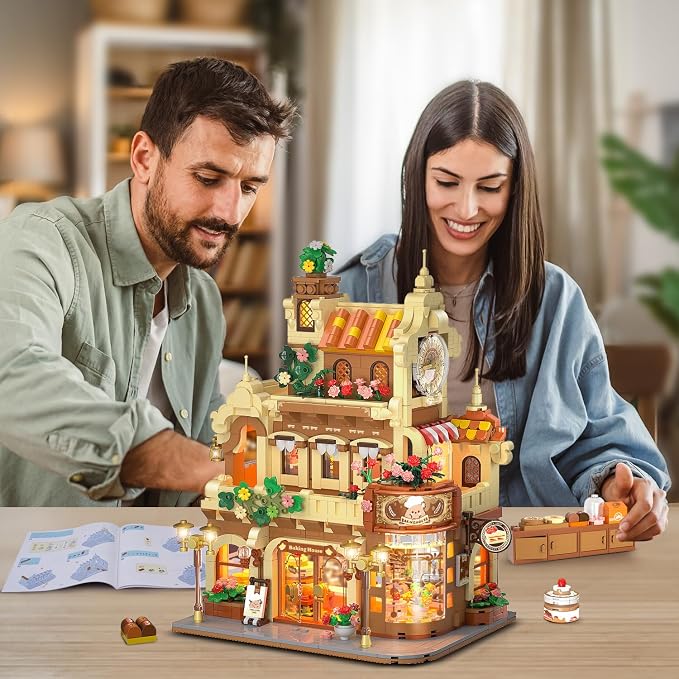 INSOON City Bakery Cafe House Building Set with Light, 1289 PCS Baking Shop Building Block Toy with Coffee Cake Bread Bakery Room, Pastry Construction Model for Adults Teens Kids Boys Girls Ages 8-12+