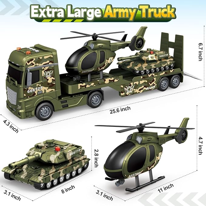 SpringFlower Toddler Boy Toys, 3 in 1 Large Army Truck Toy with Helicoper and Tank, Military Transport Truck Toy, Christmas Birthday Gifts for Kids 3 4 5 6 Years Old