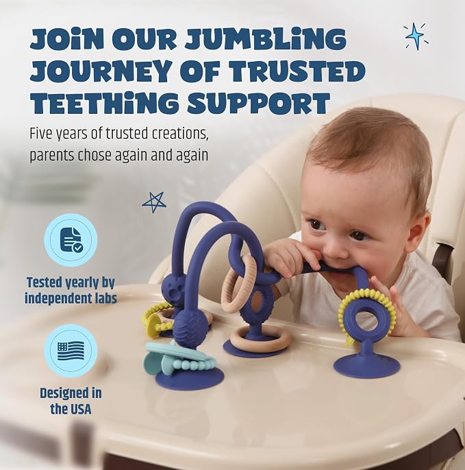 Jumble Jangle Baby Teething Toys – BPA-Free, Multi Purpose High Chair Toys & Sensory Toys for Kids with Autism: Suction Teething Relief with Sensory Toy Textures for Infants & Toddlers (Dark)