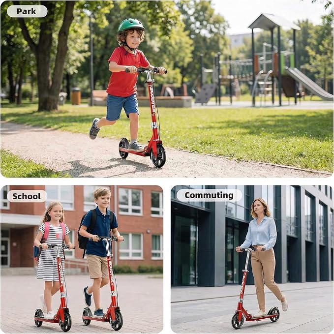 Non-Electric Scooters for Kids 8-12, Teens & Adults - Foldable Commuter Scooter with 8" Wheels, Bell, Hand Brake & Adjustable Height 30"-40.5", 220LB Capacity, Manual Push Scooter for Campus & Park