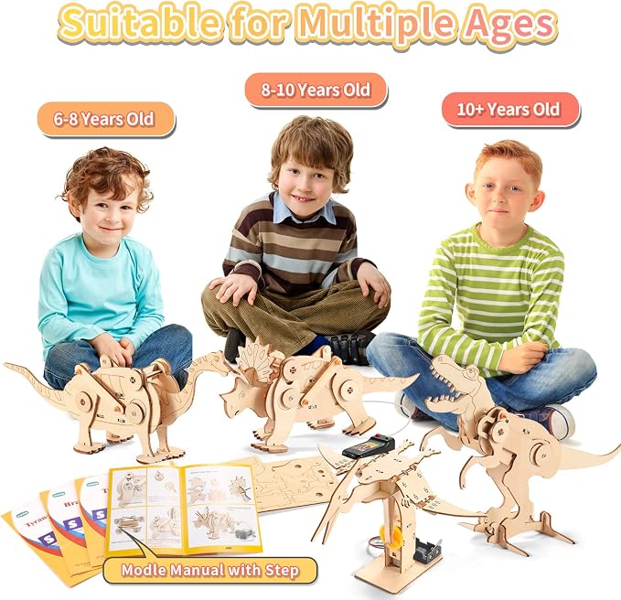 Dinosaur STEM Kits for Kids Ages 8-10-12, 4 in 1 Wood Building Toys for Boys Age 8-12, Build It Yourself Woodworking Kit, DIY 3D Wooden Puzzles Model Science Crafts for Kids, Stem Projects