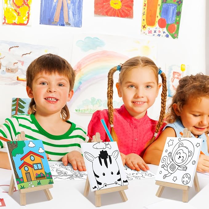Tenceur 48 Pcs Kids Paint Party Favors Sets with 12 Pcs Animals Pre Drawn Canvas Panel and Wooden Easel Set Paint Pots and Brushes 12 Mini Apron and Tote Bag for Kids Girls Student Boys