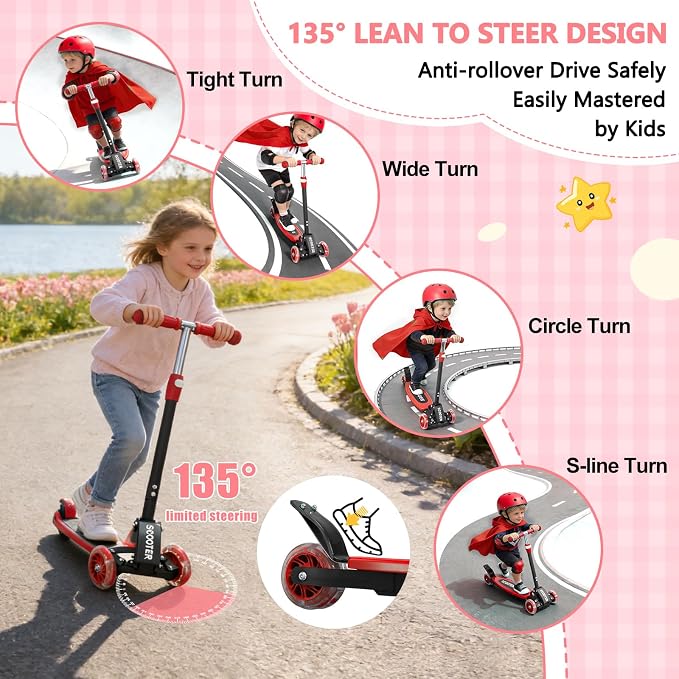 3 Wheel Scooters for Kids 2-5 5-7 Years, 4 Adjustable Heights Foldable Metal Toddler Scooter for Boys Girls Up to 120 lbs, Lean-to-Steer, Dual Rear Brake Widen Anti-Slip Deck