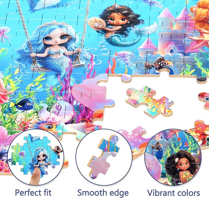 MZZOTOY Mermaid Princess Puzzles for Kids Ages 4-8, 100 Pieces Jigsaw Puzzles for Kids Ages 3-5 Puzzle for Girls and Boys Learning Educational Puzzles Toys in a Metal Box