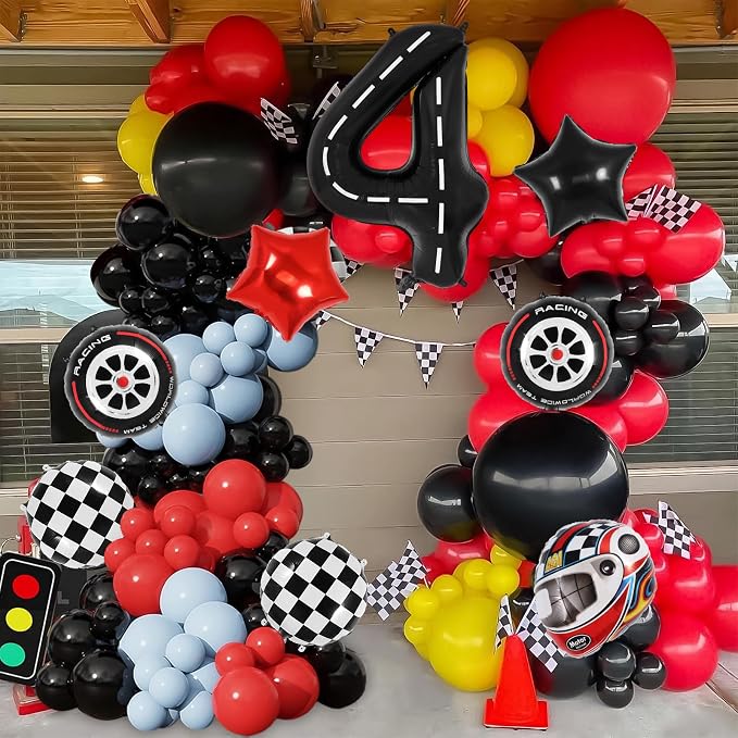 Race Car 4 Balloons, 40 Inch Racetrack Number 4 Balloon, Large Foil Mylar Racetrack Black 4 Balloon for 4 Year Old Birthday Race Car Themed Party Decoration