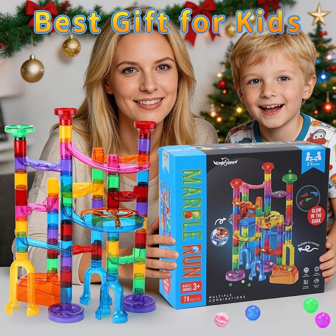 EagleStone 79PCS Transparent Marble Run STEM Maze Building Toy Play Set | 49 Track Pieces With Glow-In-The-Dark Glass Marbles, Building Toy For Kids Ages 3-12, Educational Gift For Boys And Girls