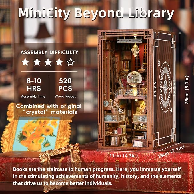 MiniCity DIY Book Nook Kit for Adults, 3D Wooden Puzzle Bookend Bookshelf Insert Decor with LED Light and Dust Cover (Beyond Library)