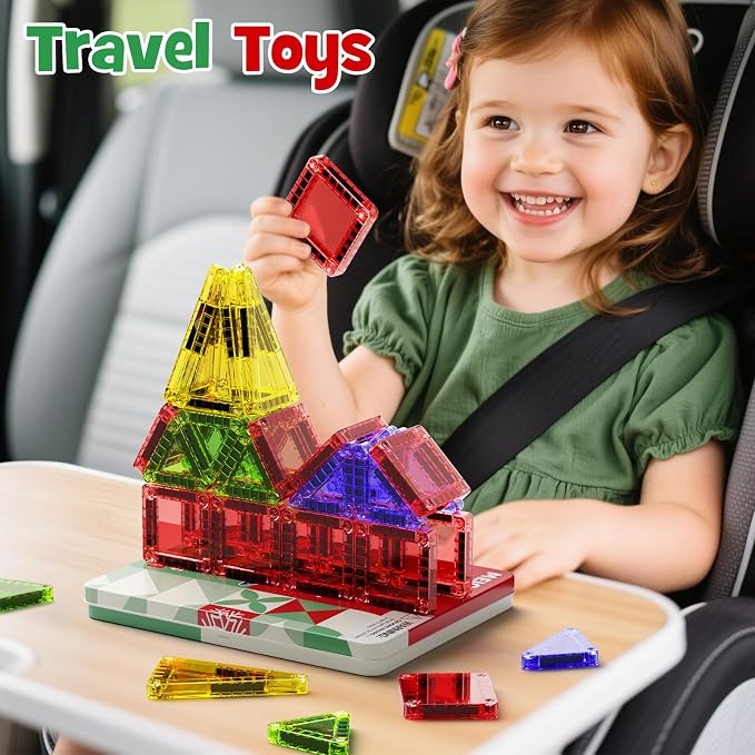 Travel Magnetic Tiles for Kids, 26 PCs Mini Magnetic Building Blocks with Festive Iron Storage Box, STEM Travel Toys for Toddlers Ages 3-5+, Educational Learning Gift for Boys & Girls