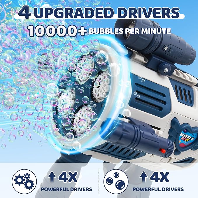 Bubble Gun with Upgraded 4 Fan Drives,32 Holes Bubble Machine Gun for Kids Toddlers Adults, Automatic Bubble Blower for Summer Outdoor Party Birthday Wedding Toys