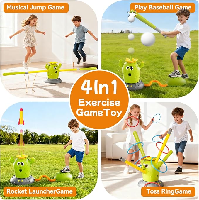 Rocket Launcher Toy Set for Kids Ages 3-8, 4-in-1 Cactus Outdoor Play Set with Ring Toss, Baseball & Skip It – Outdoor Backyard Sports Toys for Boys and Girls, Educational Active Play Gift