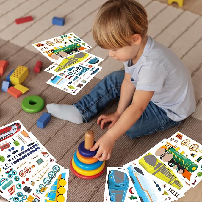 24 Sheets Train Stickers for Kids, Make-a-face Sticker, Make Your Own Train Mix and Match Stickers for DIY Crafts Party Supplies School Activity Reward Birthday Gifts