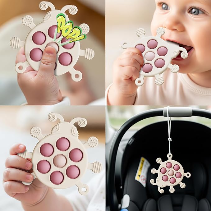 Baby Montessori Toy, High Chair Suction Cup Toy and Teething toy Set - Table Toy & Pop-it Fidget Teether for 6+ Months 1 2 3 Years, BPA Free Silicone Sensory Toys for Baby and Toddler (Beige)