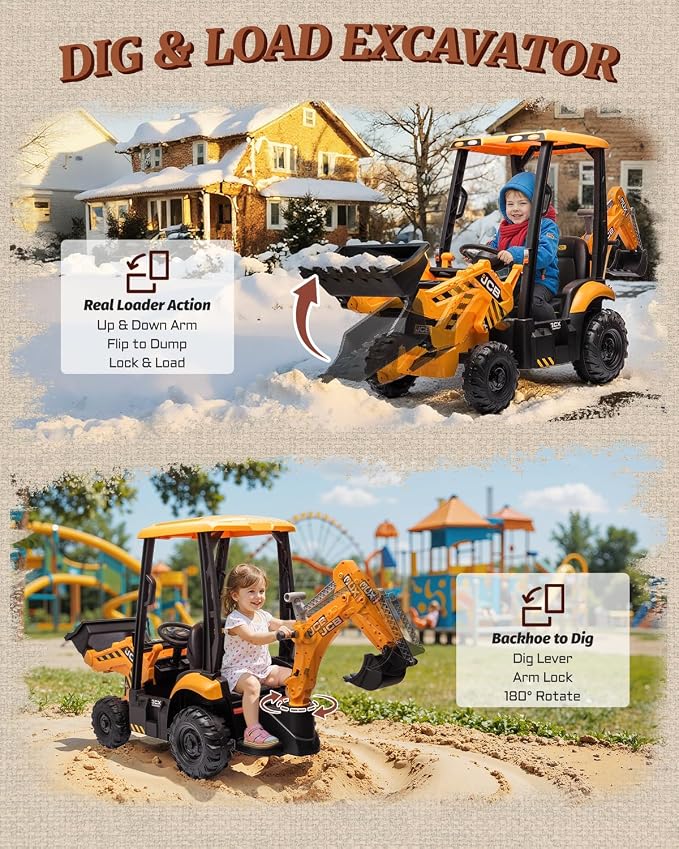 First Ride On JCB 12V Ride on Excavator for Kids with Remote Control, 3-in-1 Excavator, Bulldozer & Backhoe Ride on Toy, Kids Electric Construction Car with Reversible Seat, Canopy & Seat Belt (12V)