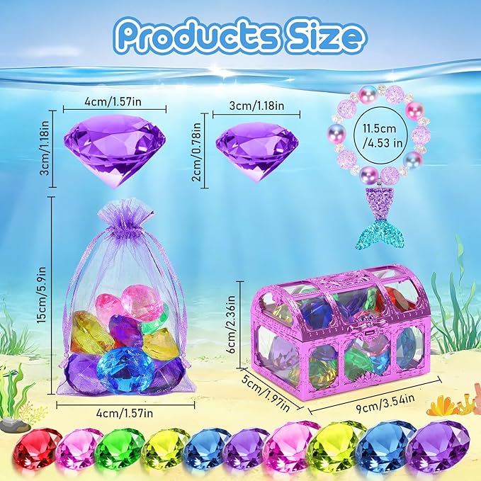 VGOFUN Diving Gems Pool Toys,10 Pcs Colorful Diamond with Treasure Chest Pirate Box Kids Swim Toys Acrylic Underwater Gemstone for Boys Girls Bath Toys Swimming Training Gift Water Pool Games