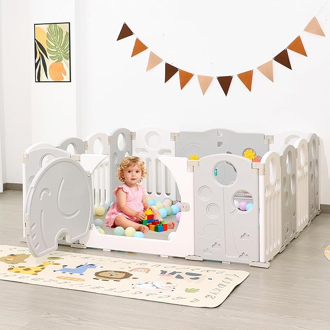 Baby Playpen, 14-Panel Foldable Play Pen for Babies and Toddlers, Indoor Outdoor Baby Fence with Sensory Play Panel, Adjustable Shape Activity Play Center, Portable & Easy Assemble