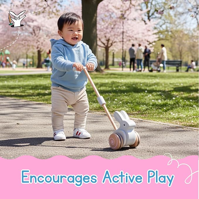 Bunny Push Toy by Jack Rabbit Creations- Wooden Push- Along Rabbit for Early Walking, Balance and Motor Skills Development- Eco-Friendly Montessori Toy for Toddlers & Babies Ages 1+