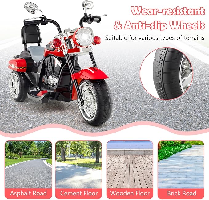 Costzon Kids Motorcycle, 6V Battery Powered Ride on Chopper Motorcycle w/Horn, Headlight, 3-Wheel Stable Ride on Toys, Electric Toddler Motorcycle for Kids, Gift for Boys Girls (Fire Red)