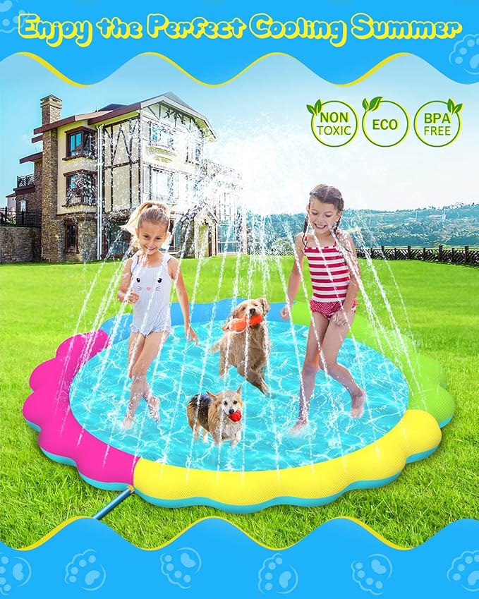 Raxurt Splash Pad, 67in Anti-Slip Splash Pad for Kids Dogs 0.55mm Thickened Durable Dog Pool Summer Outdoor Water Toys Backyard Fountain Play Mat, Colorful