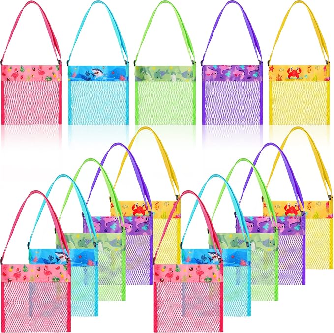 Frienda 15 Pack Mesh Beach Tote Bag, Seashell Bags, Bag Toys Organizer for Holding Beach Children' Toys Market Picnic(9.06 x 9.06 Inch,Cute Style)