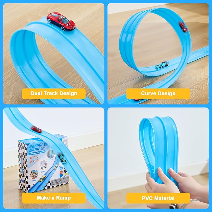 Flexible Race Track for Kids - 15 Ft Flex Track Race Car Tracks with Car Ramp Toy, Fit for Monster Truck Track & Kids' Play Cars, Race Tracks for Toddlers 3+, Gifts for Boys Girls (Light Blue)