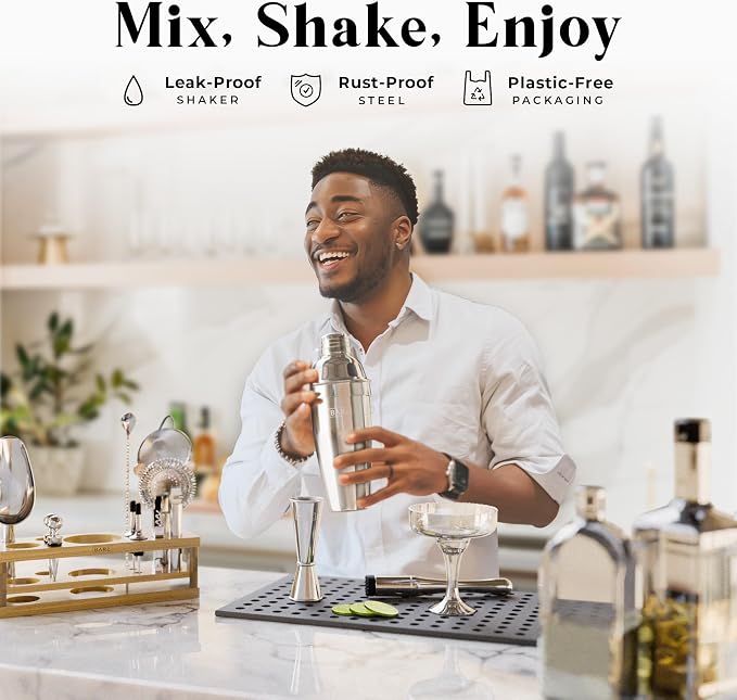 BARE BARREL® Mixology Bartender Kit Bar Set | 16-Piece Cocktail Shaker Set | Martini Barware Mixing Tools for Home Bartending | Incl. 35 Recipe Cards | Gift Set (24oz Cobbler Shaker, Silver/Natural)