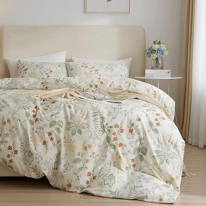 Garden Floral King Comforter Set Chic Flower Leaves Print Floral Bedding Comforter Fluffy Soft Vintage Style Aesthetic Comforter King with 2 Pillowcases Botanical Cottagecore Comforter for All Seasons