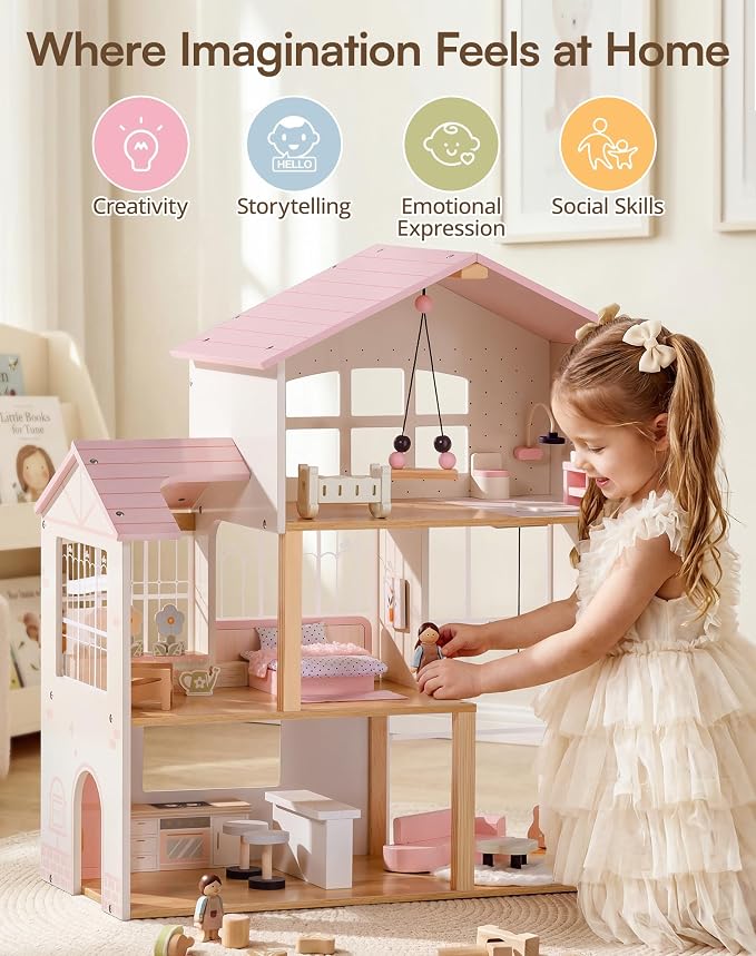 ROBUD Wooden Doll House for Girls，Dollhouse Kit with 6 Rooms & 37 Pcs Dollhouse Furnitrue Accessories, Pink Montessori Doll House for 3+, WDH22