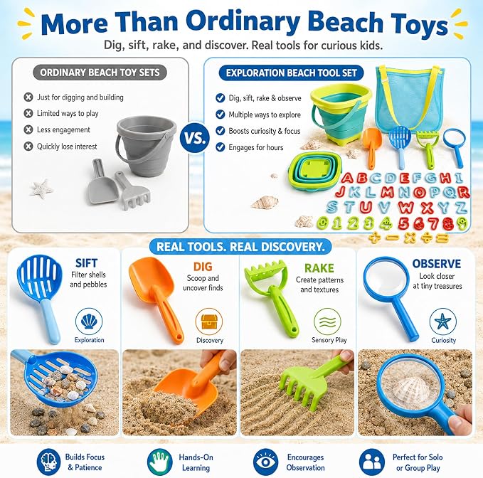 47pc Collapsible Beach Toys for Toddlers Kids ，Educational Sand Toys with Letter & Number Molds, Collapsible Bucket, Magnifying Glass, Mesh Bag -Travel Sandbox Toys for Boys Girls Age 3-10