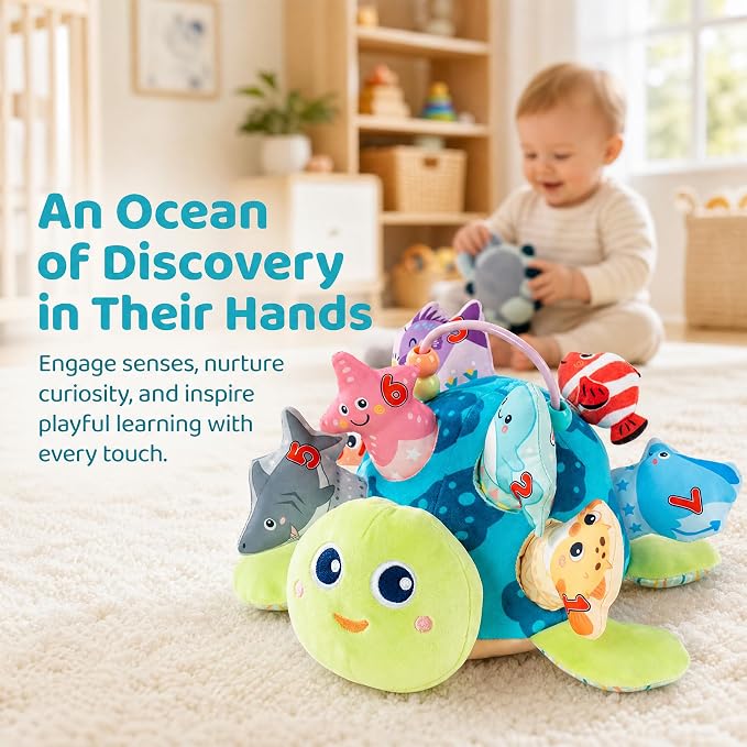 Baby Sensory Pull Out Toys – Soft Plush Turtle with 8 Detachable Baby Animals, Crinkle Paper & Rattle, Montessori Fine Motor Skill Toy for 6-12 Months Infant, Toddler 1-3 Year Old