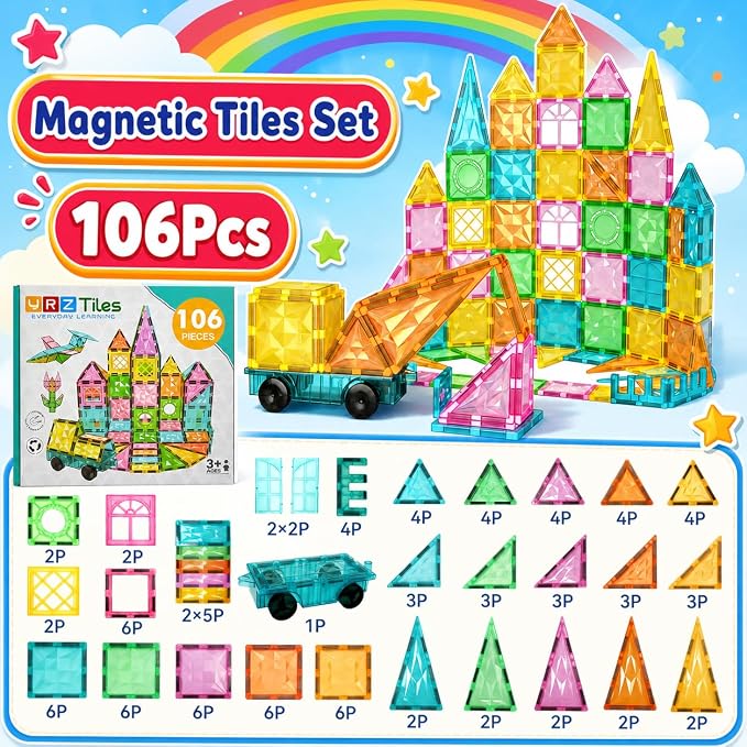 Magnetic Tiles 106-Piece Set, Standard 3 inch Magnetic Building Blocks for Kids Ages 3+ Boys and Girls, Educational Magnet Construction Tiles for Creativity & Learning