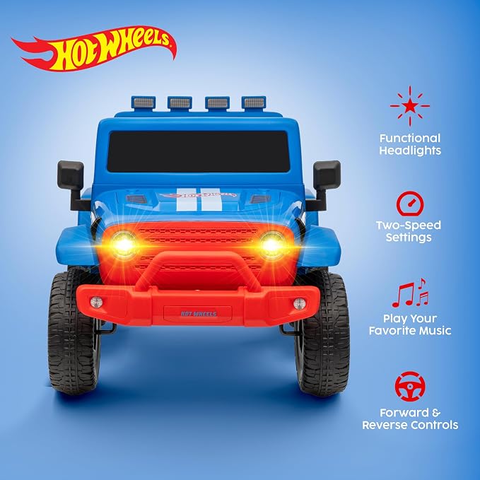 Hot Wheels - 12V Kids Ride On with Rechargeable Battery, LED Headlights, Press-Button Start, Durable Wheels, Forward & Reverse Drive, Contoured Seat