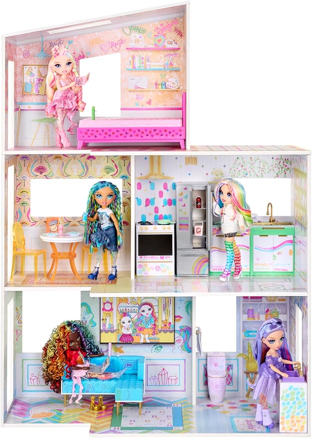 Rainbow High Color & Play 3-Story Doll House, Design All Walls & Floors with Washable Markers, Wood Playset Includes Toy Furniture and Accessories, Gift for Kids 4+