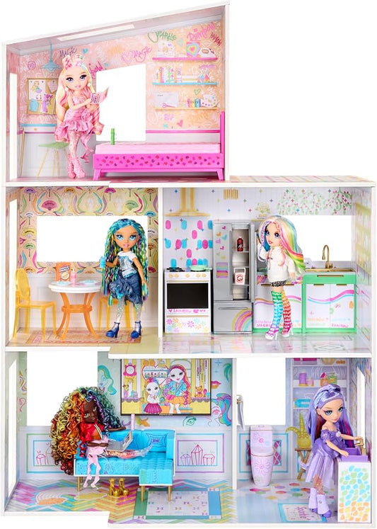Rainbow High Color & Play 3-Story Doll House, Design All Walls & Floors with Washable Markers, Wood Playset Includes Toy Furniture and Accessories, Gift for Kids 4+