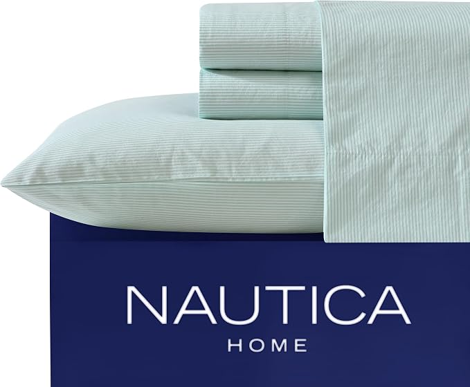 Nautica - Queen Size Sheet Set, Crisp & Tailored Cooling Sheets with a Smooth Cotton Percale Lightweight Feel - Bed Sheets with Matching Pillowcases & Fitted Sheet (Penny Pinstripe Green)