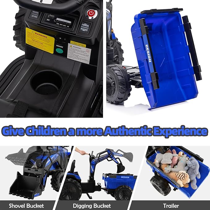 GarveeLife 3 in 1 Ride on Tractor, 24V Ride on Toy for Big Kids, Excavator Bulldozer - Battery-Powered Electric Vehicle w/Trailer, Digger, Remote Control, LED Lights, Music, USB, Battery Powered, Blue
