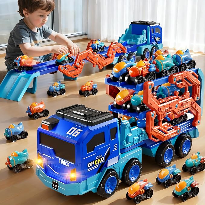 PEADUCK Toddler Car Truck Toys for Kids Boys Ages 3-5, 10-in-1 Foldable Carrier Space Truck Toys with Lights & Sounds and 9 Race Cars, Birthday Gift for 3 4 5 6 7 8 Years Old Boys Girls