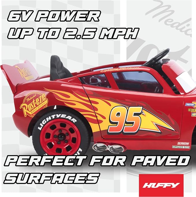 Huffy Cars Lightning McQueen 6V Ride-On Toy Car with Headlights & Engine Sounds, Foot Pedal Drive, Up to 2.5 MPH, Ages 3–7