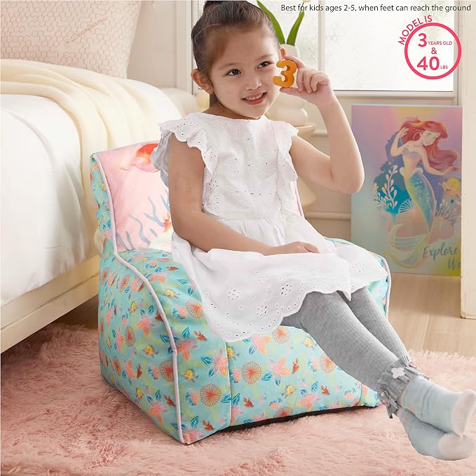Disney Little Mermaid Kids and Toddler Canvas Bean Bag Chair with Piping & Top Carry Handle