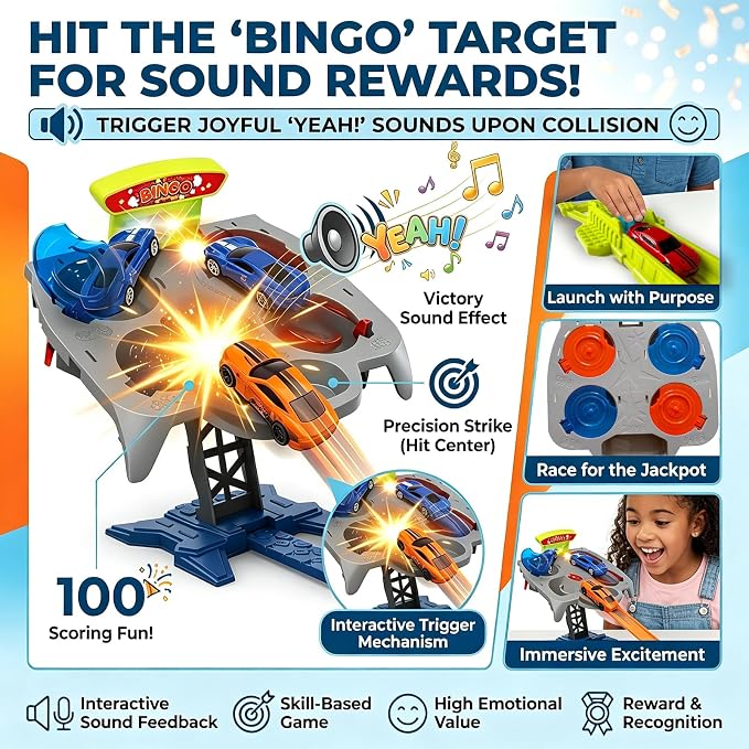 Dual Toy Car Race Track Set for Kids 2 Player Loop & Launch Car Track Toy with Score Points, 4 Metal Alloy Racing Cars, Interactive Sound Effects & Competitive Stunt Challenge for Boys & Girls