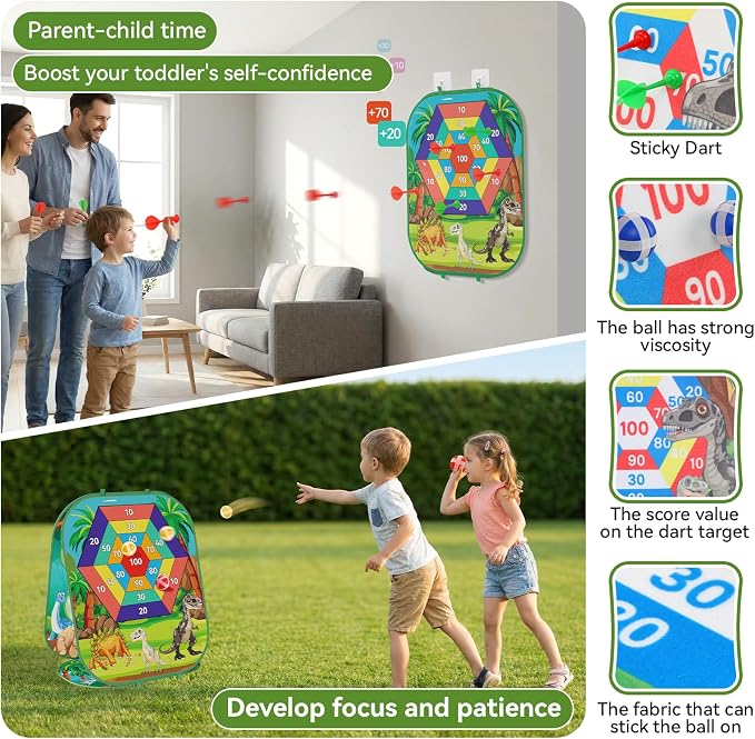 4-in-1 Dinosaur Bean Bag Toss Game for Kids, Cornhole & Dart Board Set for Toddlers, Outdoor Toys for Family Party, Backyard, Beach & Lawn Activities, Gift for Boys and Girls Ages 3 4 5 6 7 8