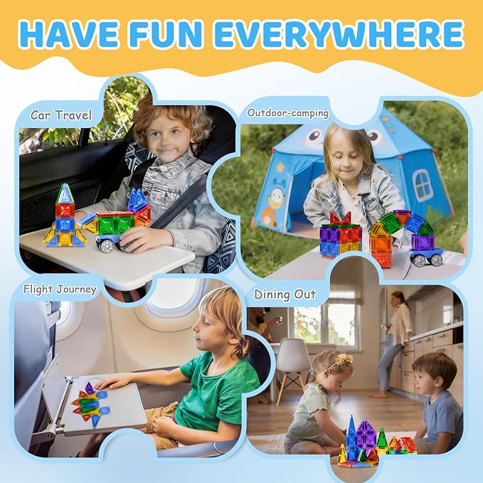 Mini Magnetic Tiles, 51 PCS Travel Magnetic Tiles Set in Iron Box with Magnetic Car - Portable STEM Building Toys, Brand-Compatible, Perfect Educational Gift for Kids Ages 3 4 5 6 7 8 9
