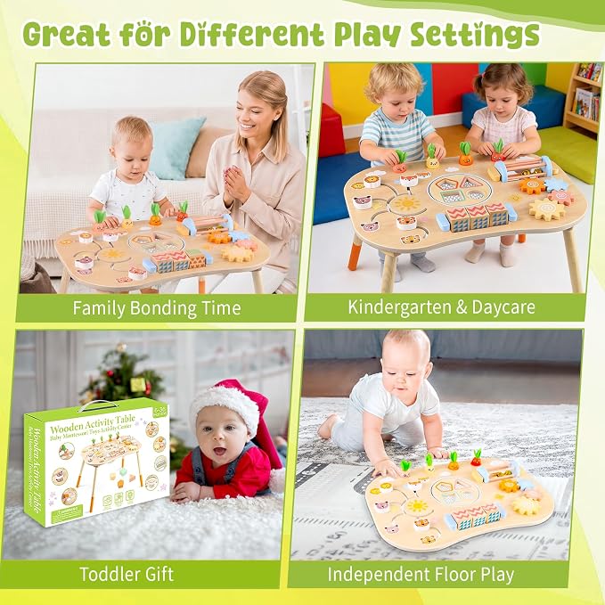Wooden Montessori Activity Table for Toddlers 6-36 Months | 6-in-1 Montessori Baby Activity Center with Shape Sorter, Sensory Learning Toys for Boys & Girls, 1st Birthday Gifts