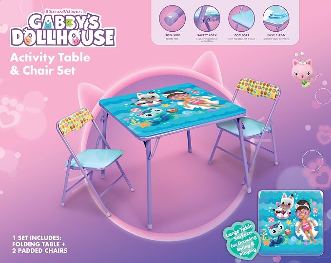 Gabby's Doll House Girls Folding Table & Chairs Set for Kids and Toddlers 36 Months Up To 7 years, Includes: 1 Table (36"L x 24"W x 20"H), 2 Chairs (13"L x 13.5"W x 21"H) Weight Limit: 70 lb